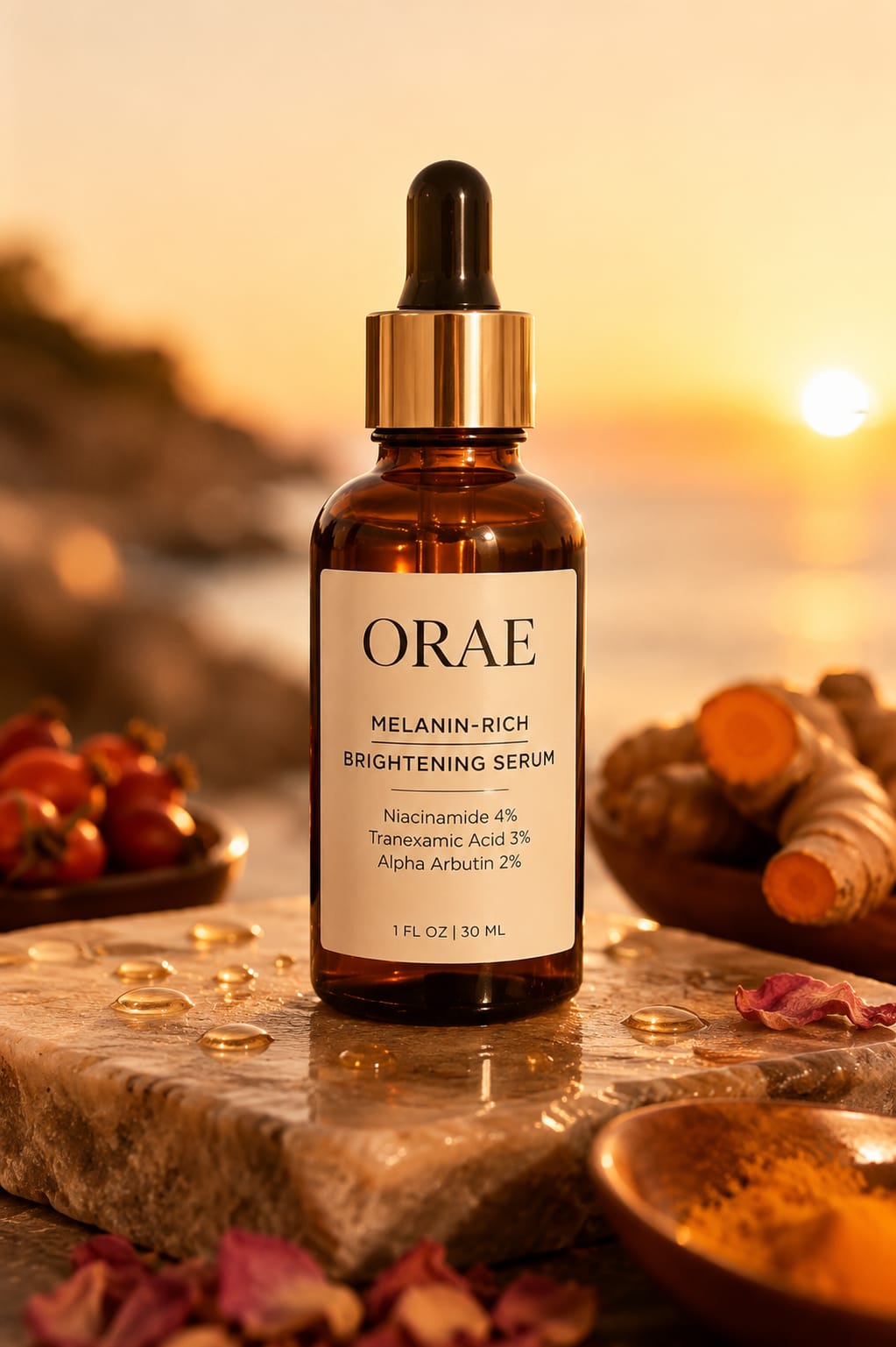 An ORAE customer holding the Melanin Glow Serum in a softly lit bathroom mirror selfie