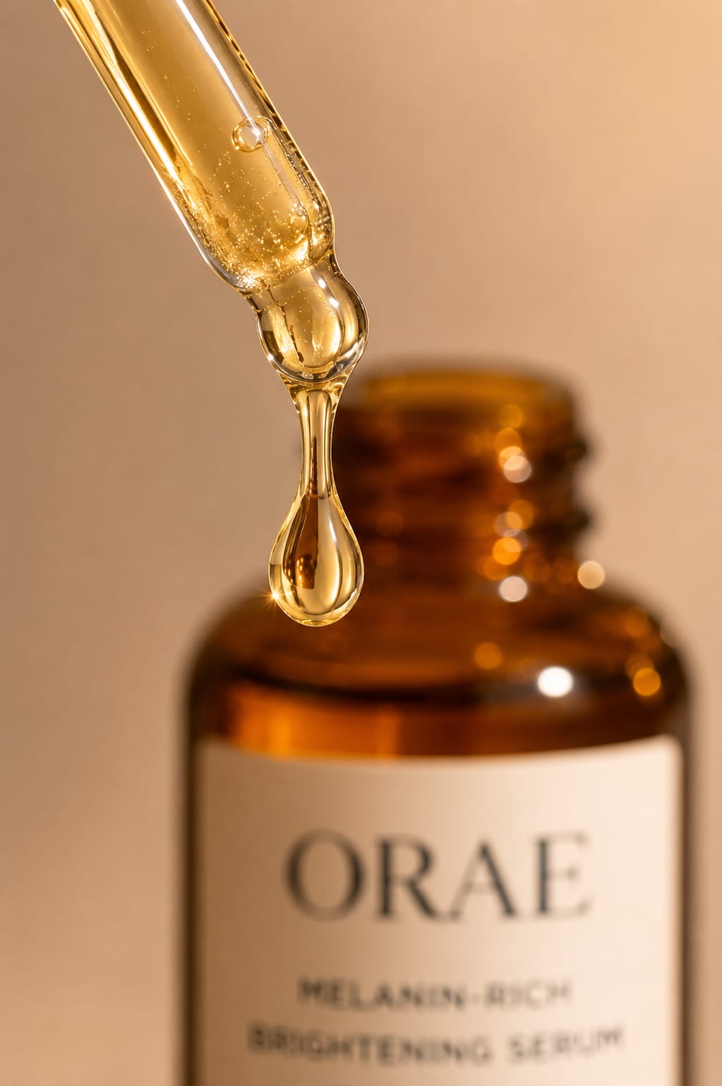 Golden serum drop falling from a dropper into the open amber ORAE bottle